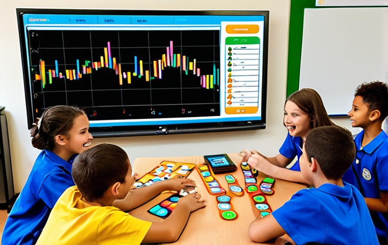 ** A vibrant and playful classroom scene. Students are actively participating in a statistics lesson that has been transformed into a logic puzzle game. They are collaborating on a "mission," with digital badges and rewards displayed on a screen in the background. The atmosphere is energetic and positive, suggesting learning is an enjoyable adventure.
**