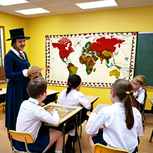 Home 6 **"A vibrant, modern classroom filled with students actively engaged in a historical role-playing game. The room is decorated with historical maps and artifacts, and students are wearing simple costumes. A smiling teacher observes the game, offering encouragement."** (This captures the idea of gamifying history lessons).