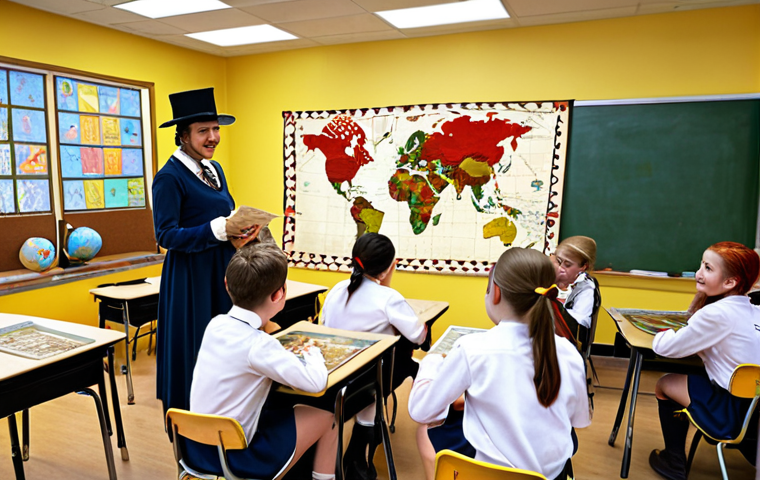 **"A vibrant, modern classroom filled with students actively engaged in a historical role-playing game. The room is decorated with historical maps and artifacts, and students are wearing simple costumes. A smiling teacher observes the game, offering encouragement."** (This captures the idea of gamifying history lessons).
