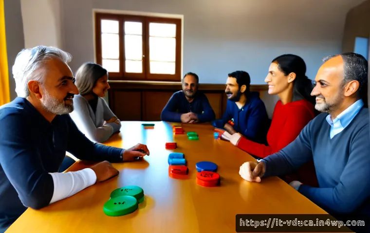 Home 16 게이미피케이션 교육의 성과 지속 전략 - Photorealistic Italian classroom gamification scene, diverse adult learners collaborating around a c...